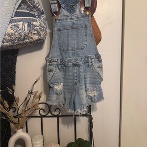 Denim Distressed Short Overalls size XS
